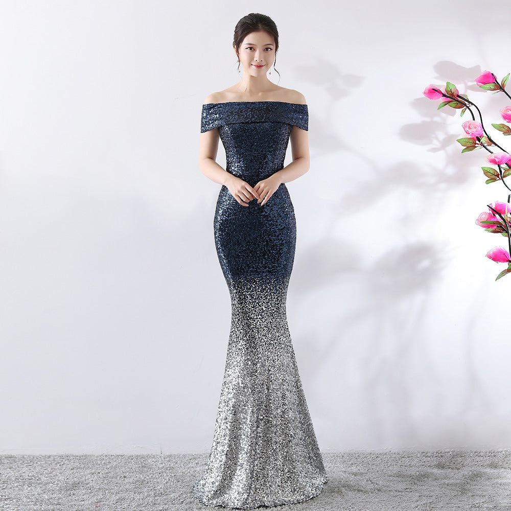 Elegant slimming long dress for birthday parties and event hosting, featuring a figure-hugging design and a graceful silhouette.

