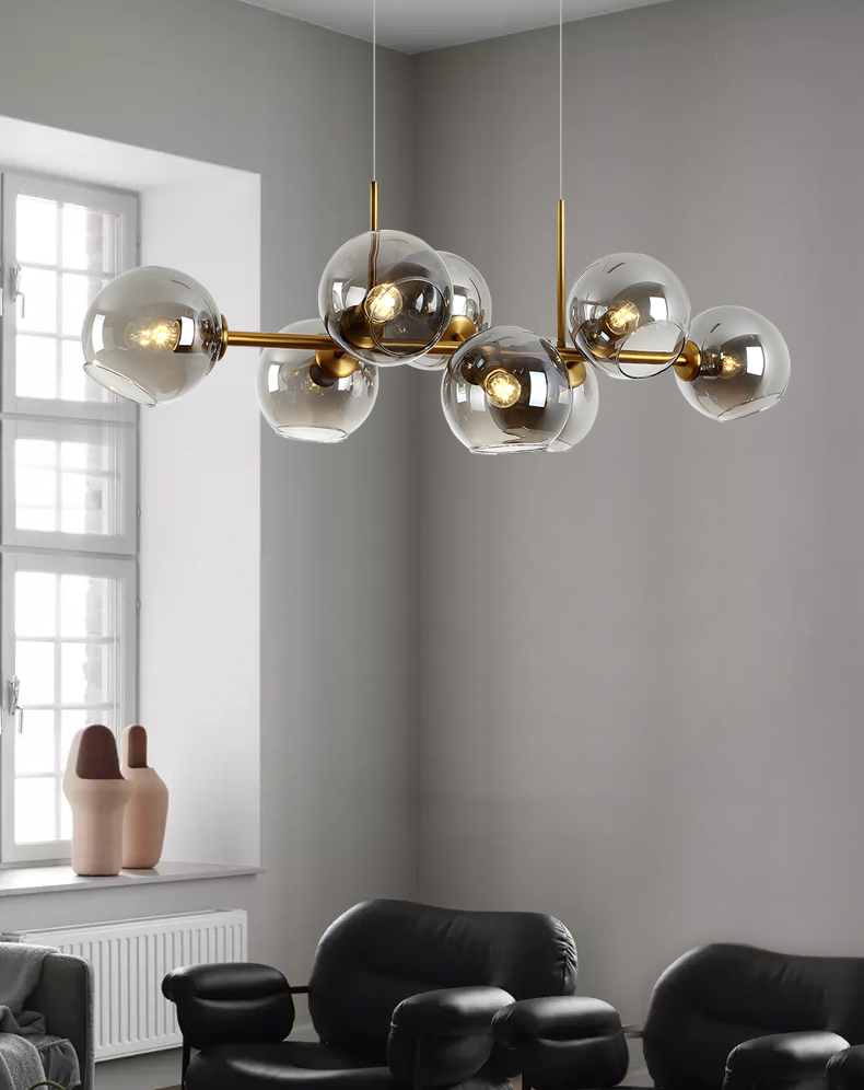 Modern Nordic minimalist glass chandelier lighting in living room setting

