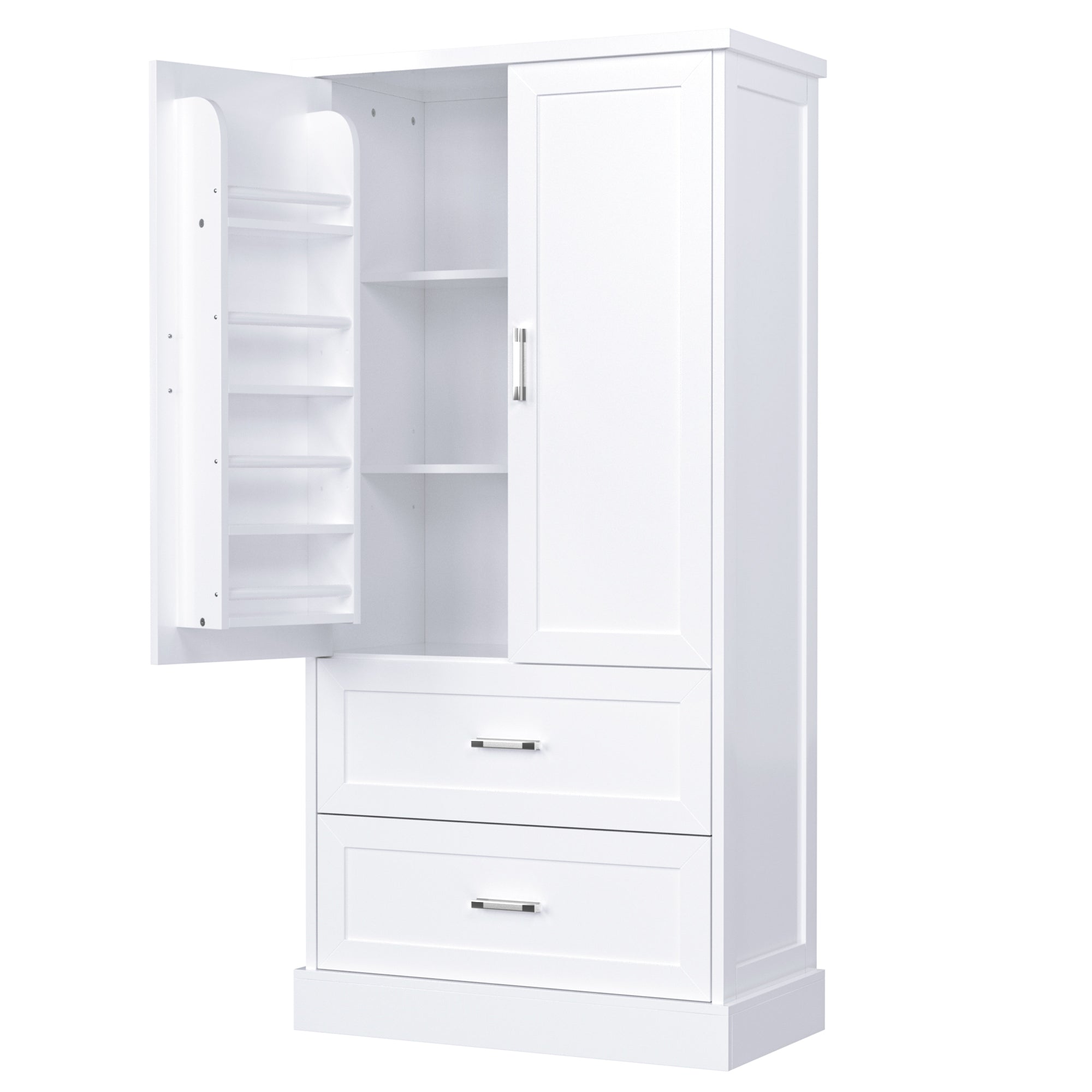 Tall white bathroom cabinet with drawers and double doors