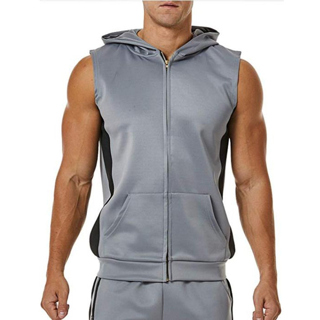 "Men’s zipper splicing sports hooded vest featuring a stylish, color-block design. Made from breathable, moisture-wicking fabric, the vest includes a front zipper closure, adjustable hood, and a fitted cut, ideal for workouts or casual athleisure wear."