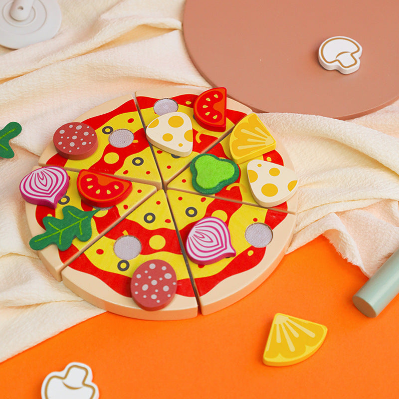 Children's wooden play kitchen set with pizza, fruits, and vegetables

