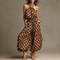New  Polka Dot Halter Neck Women's Summer Bohemian Vacation Casual Beach Loose Wide-leg Jumpsuit Hot Deal Warehouse