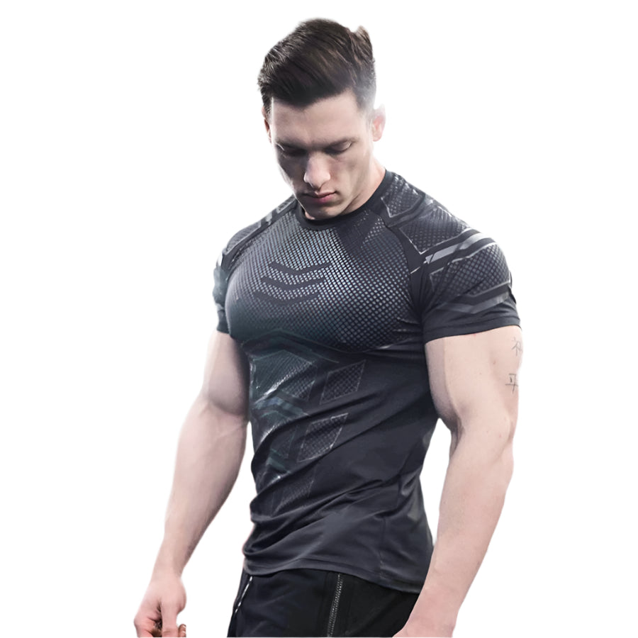 Man wearing a tight-fit short sleeve compression T-shirt in quick-dry fabric for running and sports training.

