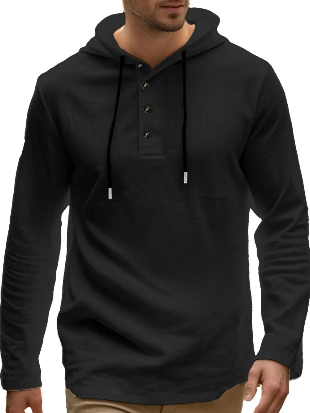 Men’s plus size hoodie with button detail and drawstring hood in long sleeve design.

