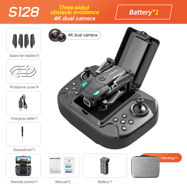 S128 Three-Sided Obstacle Avoidance Drone with 4K dual camera, HD aerial photography, and fixed height for safe, easy flying and stunning footage.


