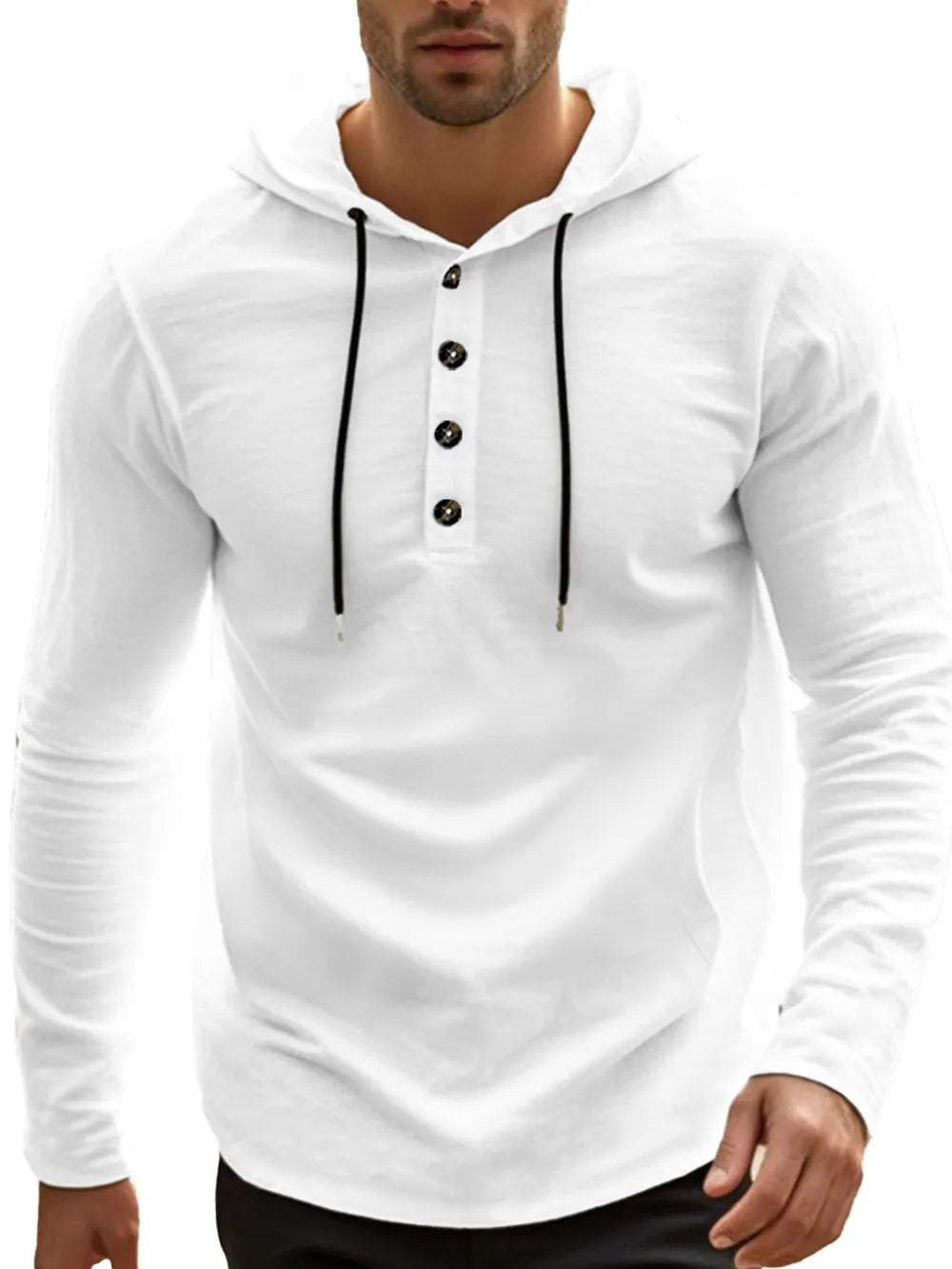 Men’s plus size hoodie with button detail and drawstring hood in long sleeve design.


