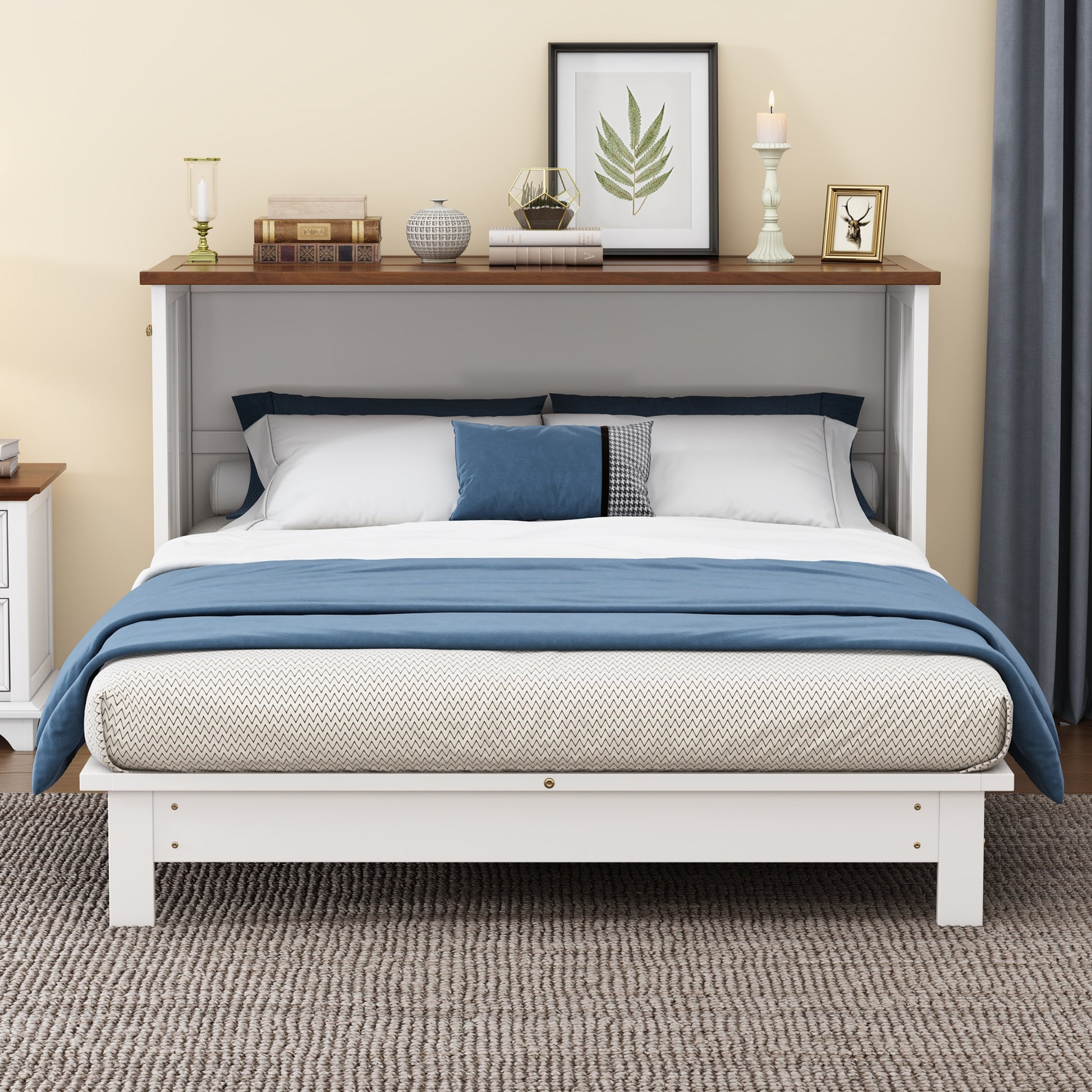 White and walnut queen Murphy bed chest in closed position