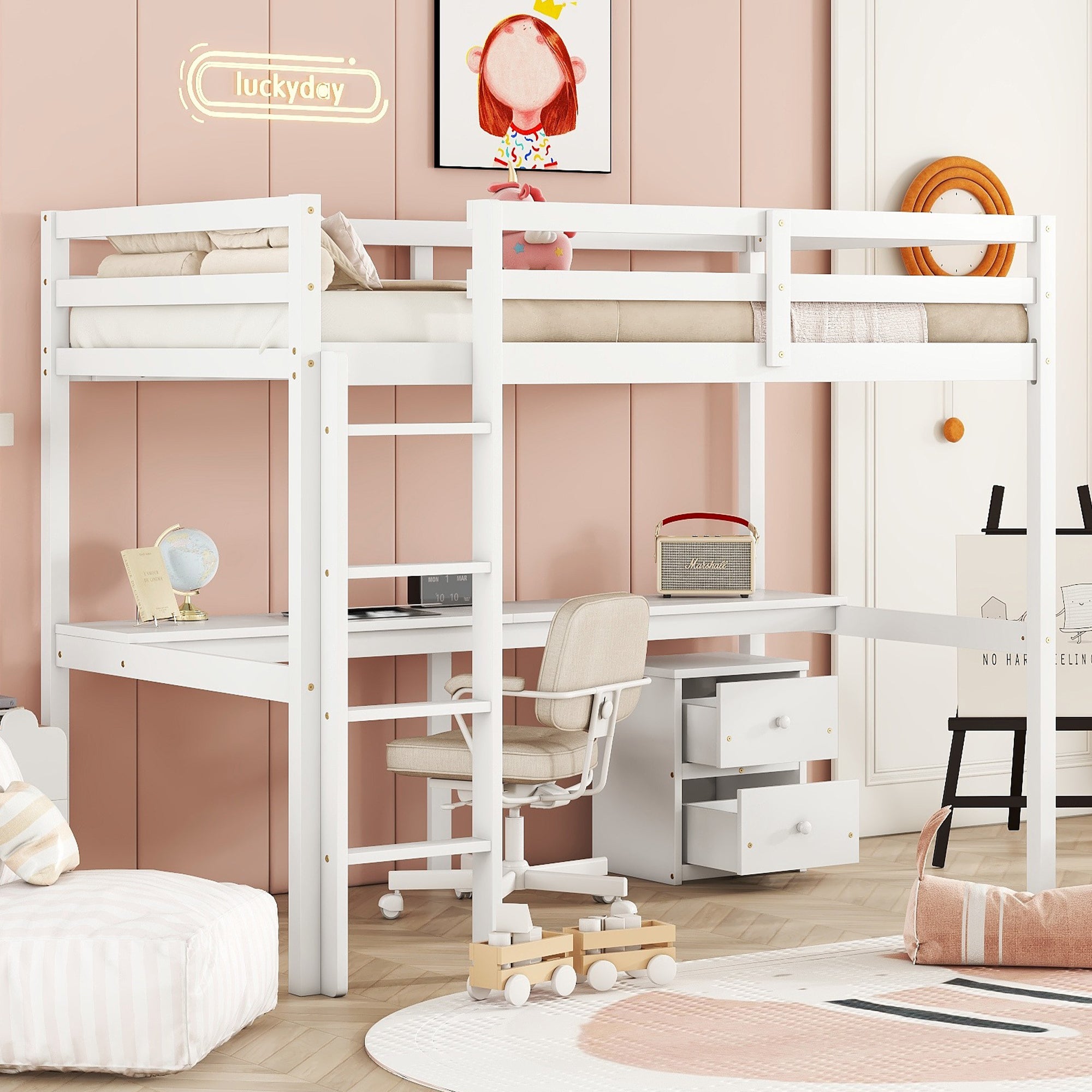 Full view of white twin loft bed with built-in desk and drawers underneath

