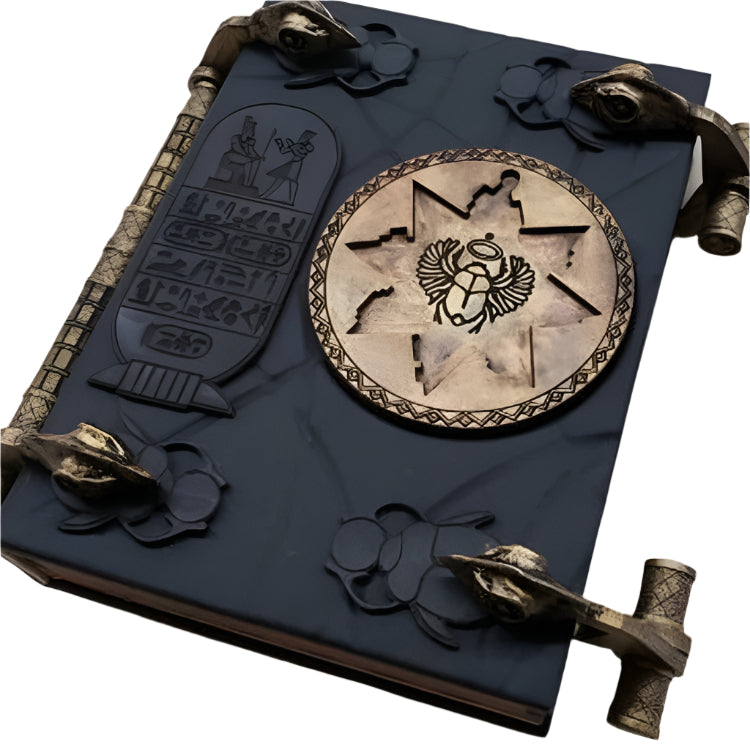 Close-up of the Book of the Dead mummy prop showing resin texture and engravings