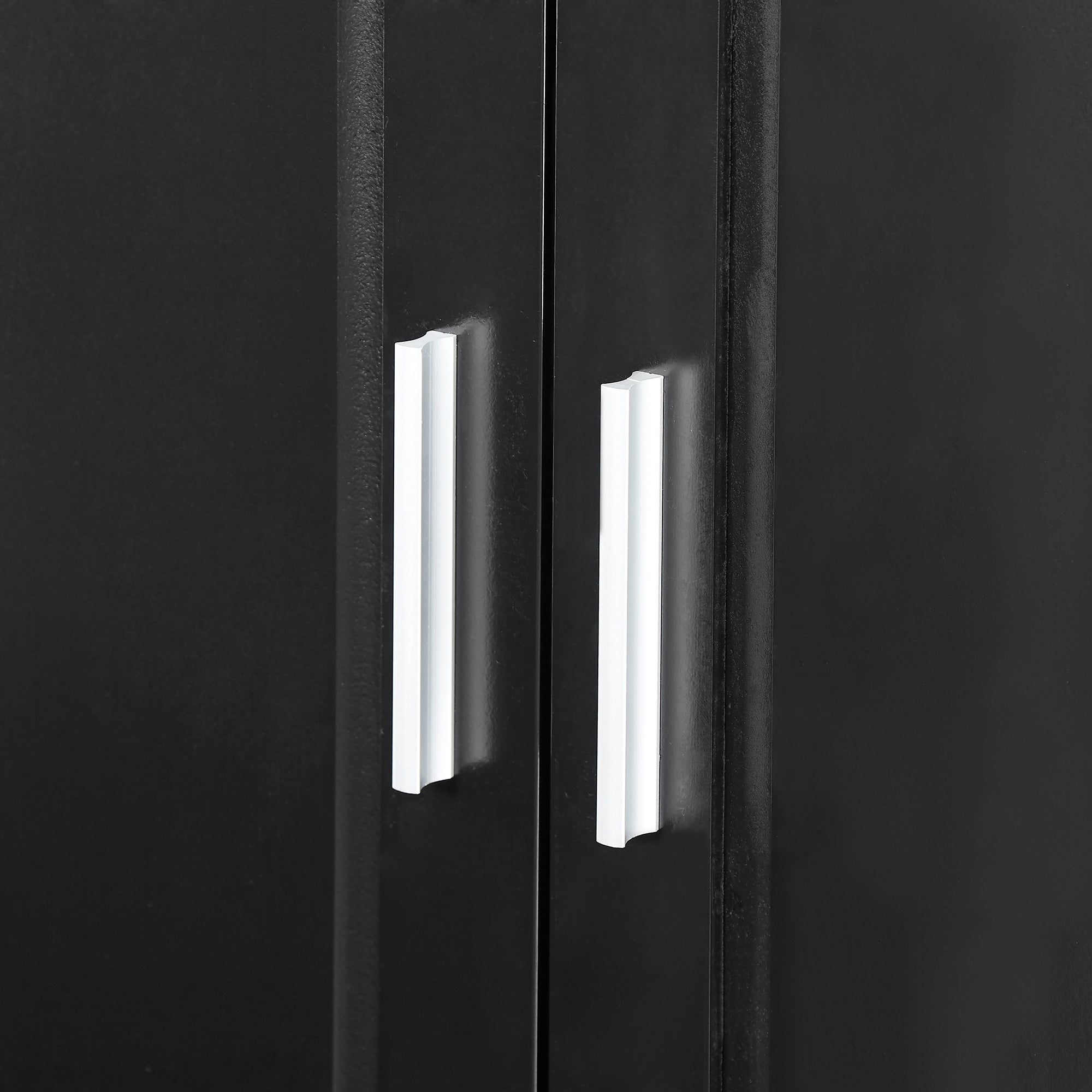 Black MDF tall bathroom storage cabinet with two doors and drawers