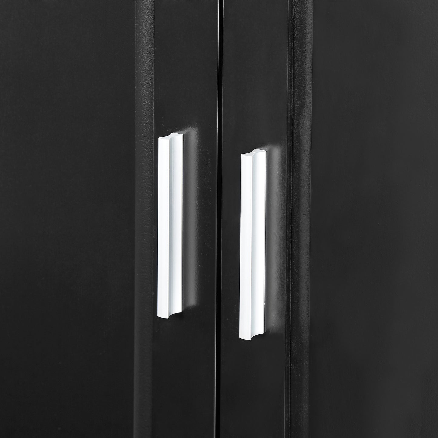 Black MDF tall bathroom storage cabinet with two doors and drawers