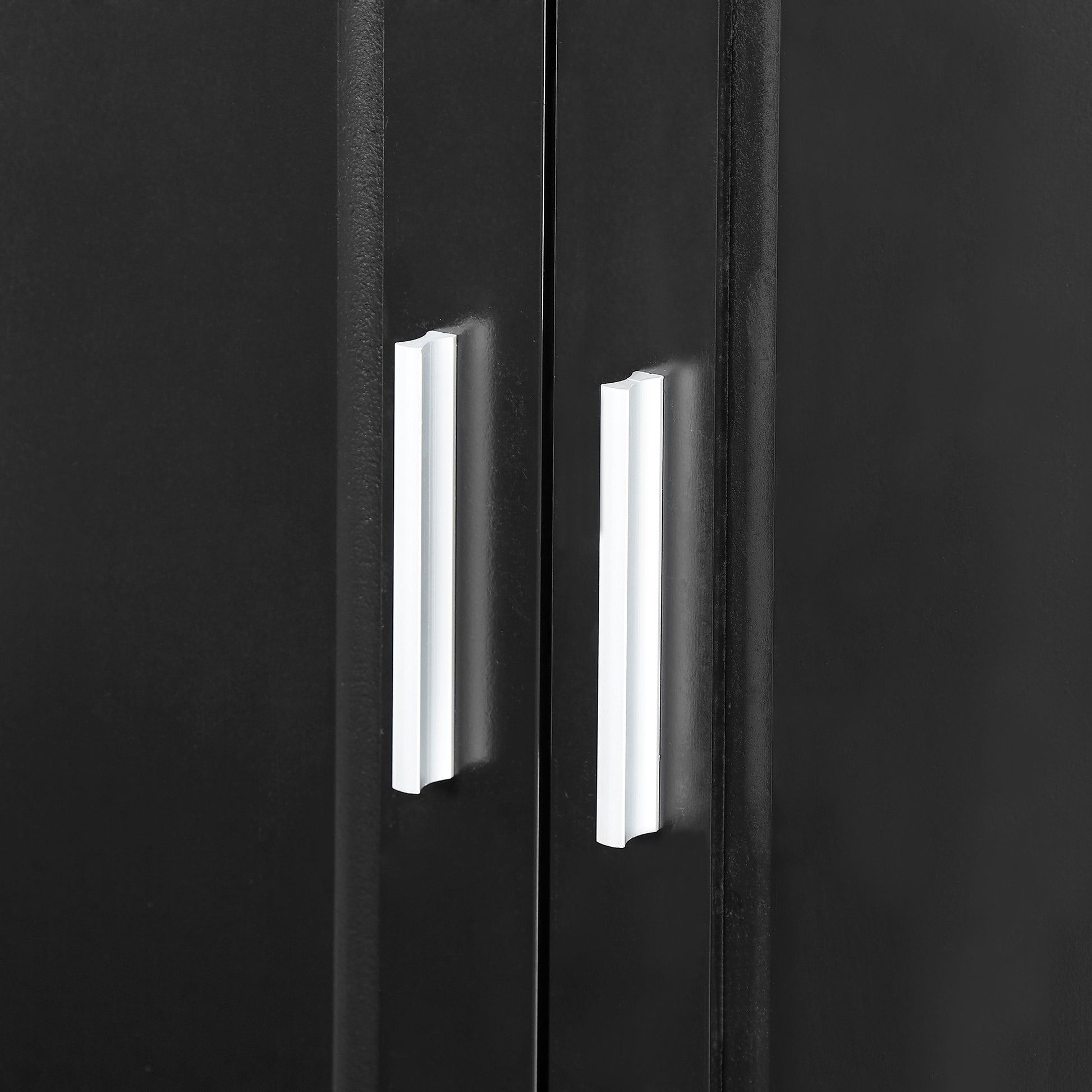 Black MDF tall bathroom storage cabinet with two doors and drawers