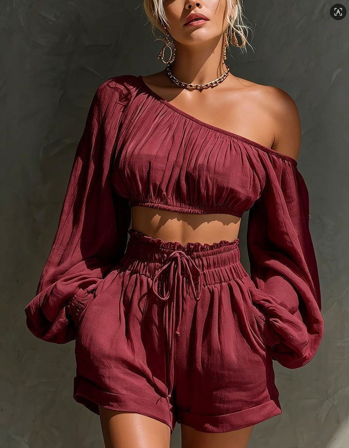 Shoulder long sleeved short top+high waisted casual shorts set for women Hot Deal Warehouse