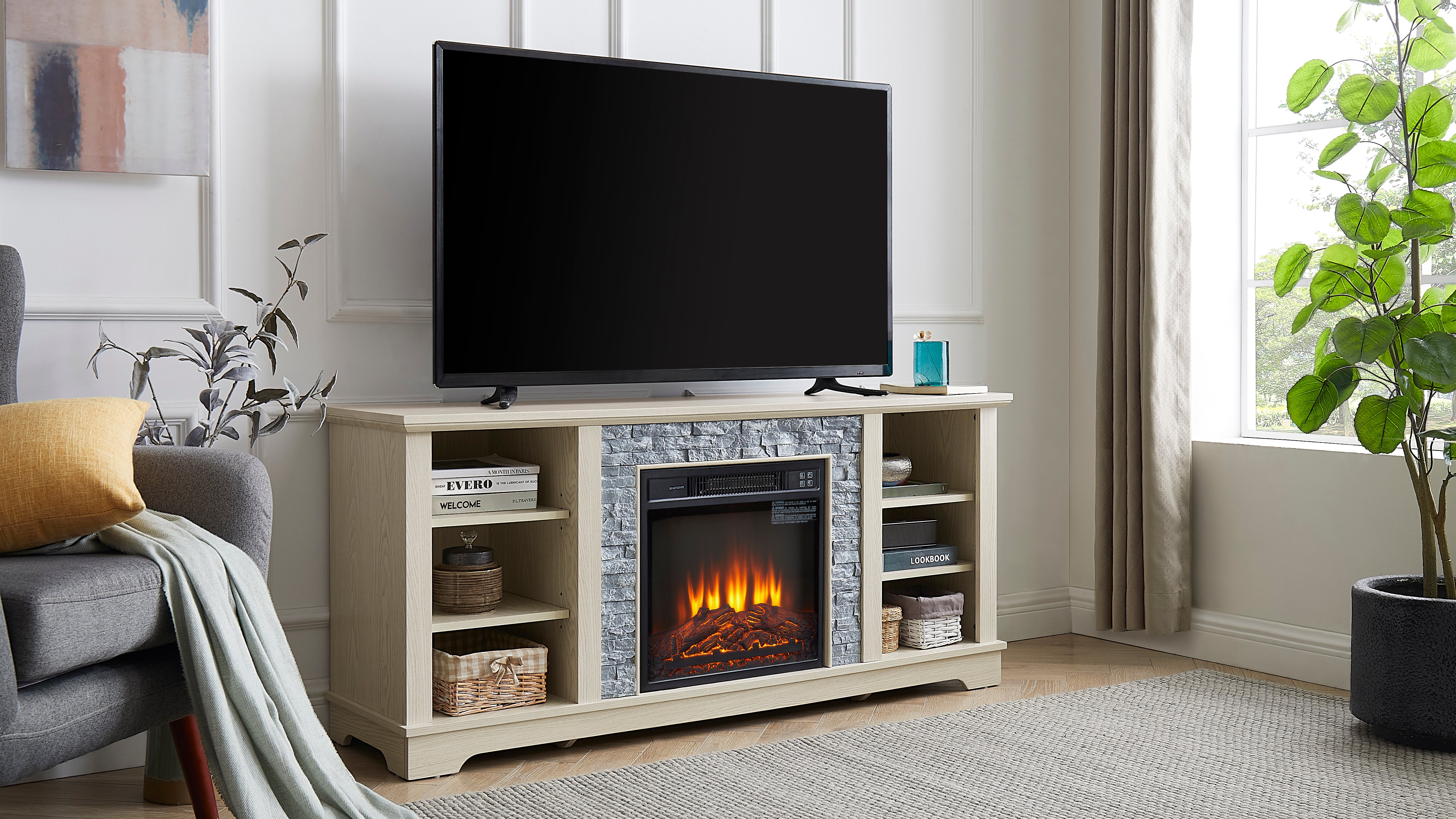 White TV stand with electric fireplace and stone-look mantel