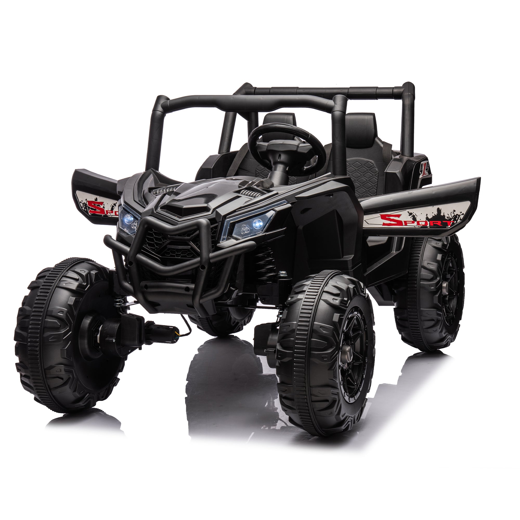 Side by side 4x4 ride-on truck for kids, featuring a durable design with working headlights, adjustable seat, and forward/reverse motion. Equipped with realistic off-road tires and easy-to-use controls, this electric truck provides an exciting outdoor adventure for children ages 3-7