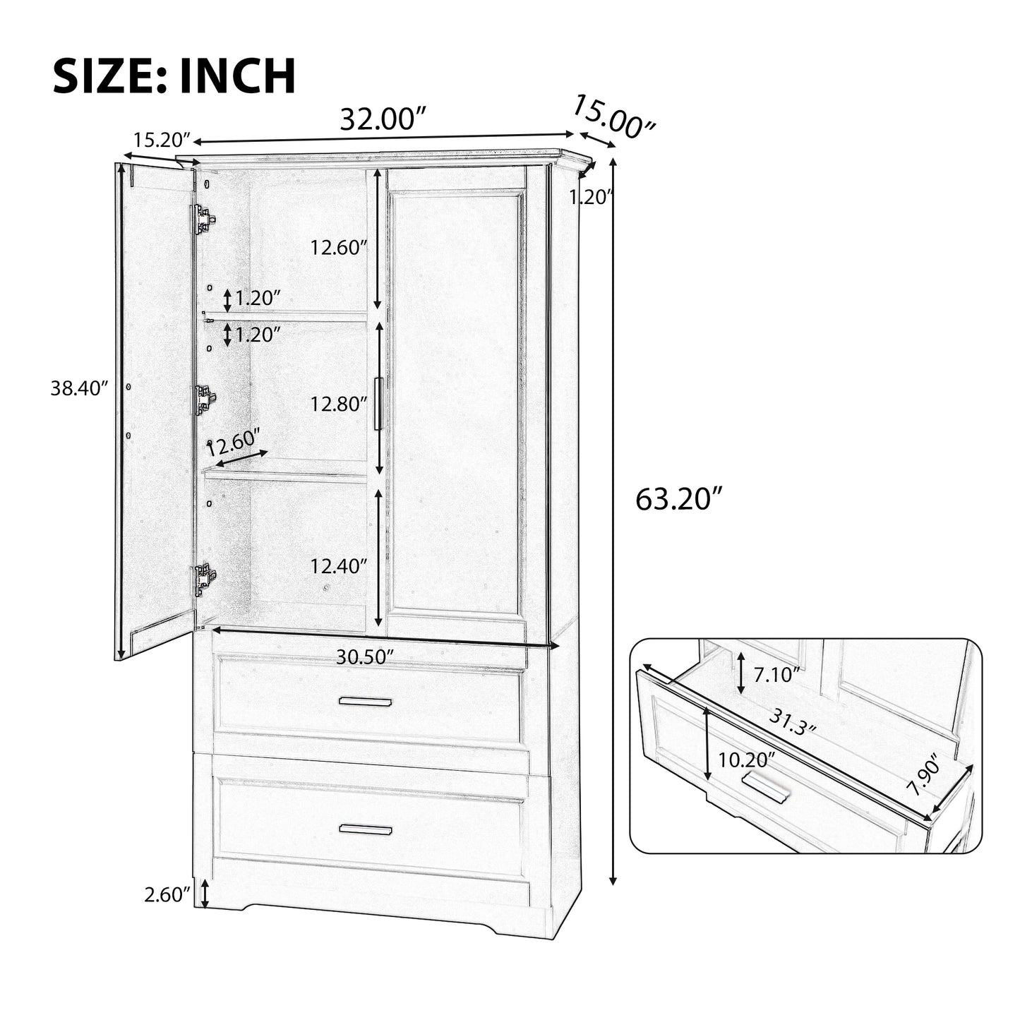Black MDF tall bathroom storage cabinet with two doors and drawers