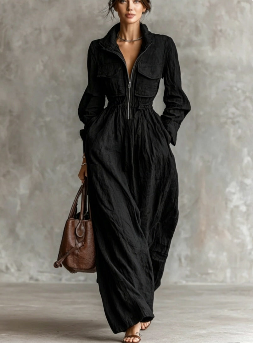 Women's Zipper Collar Elastic Waist Long Dress Hot Deal Warehouse