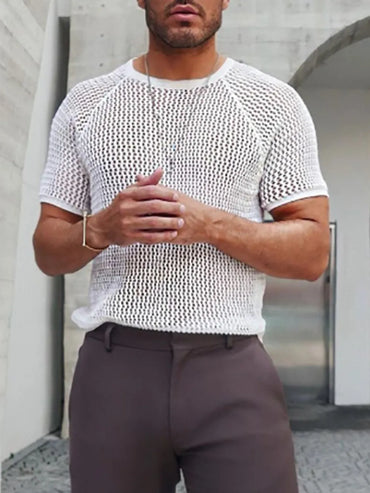 Men's openwork short sleeve t-shirt with round neck, front view


