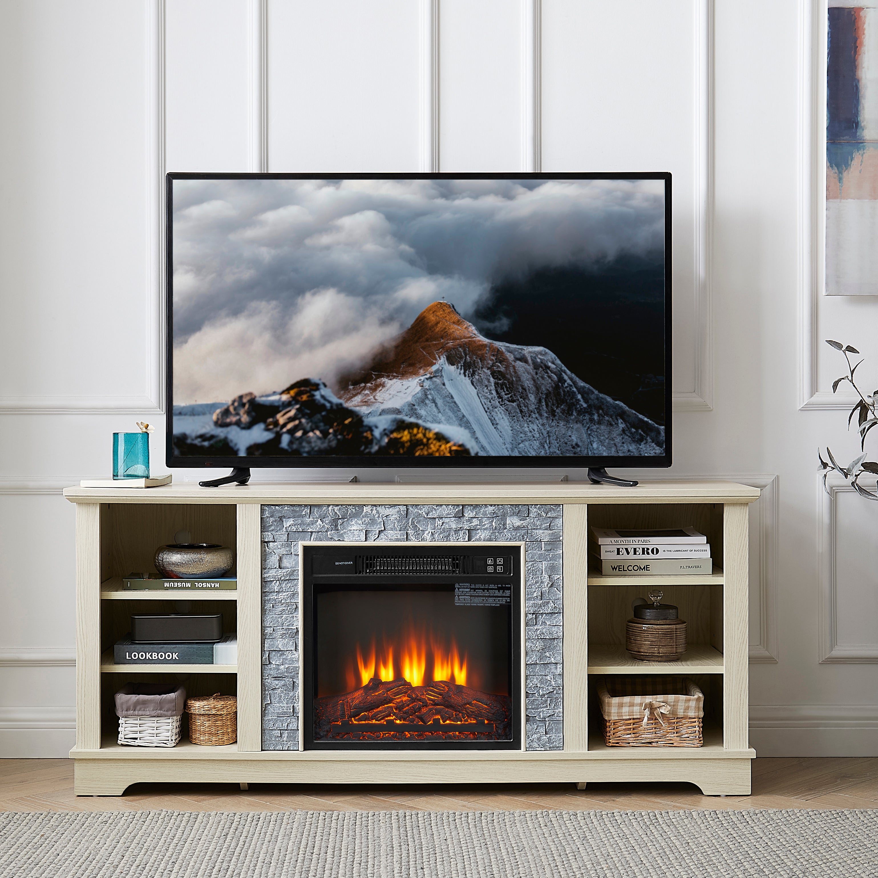 White TV stand with electric fireplace and stone-look mantel