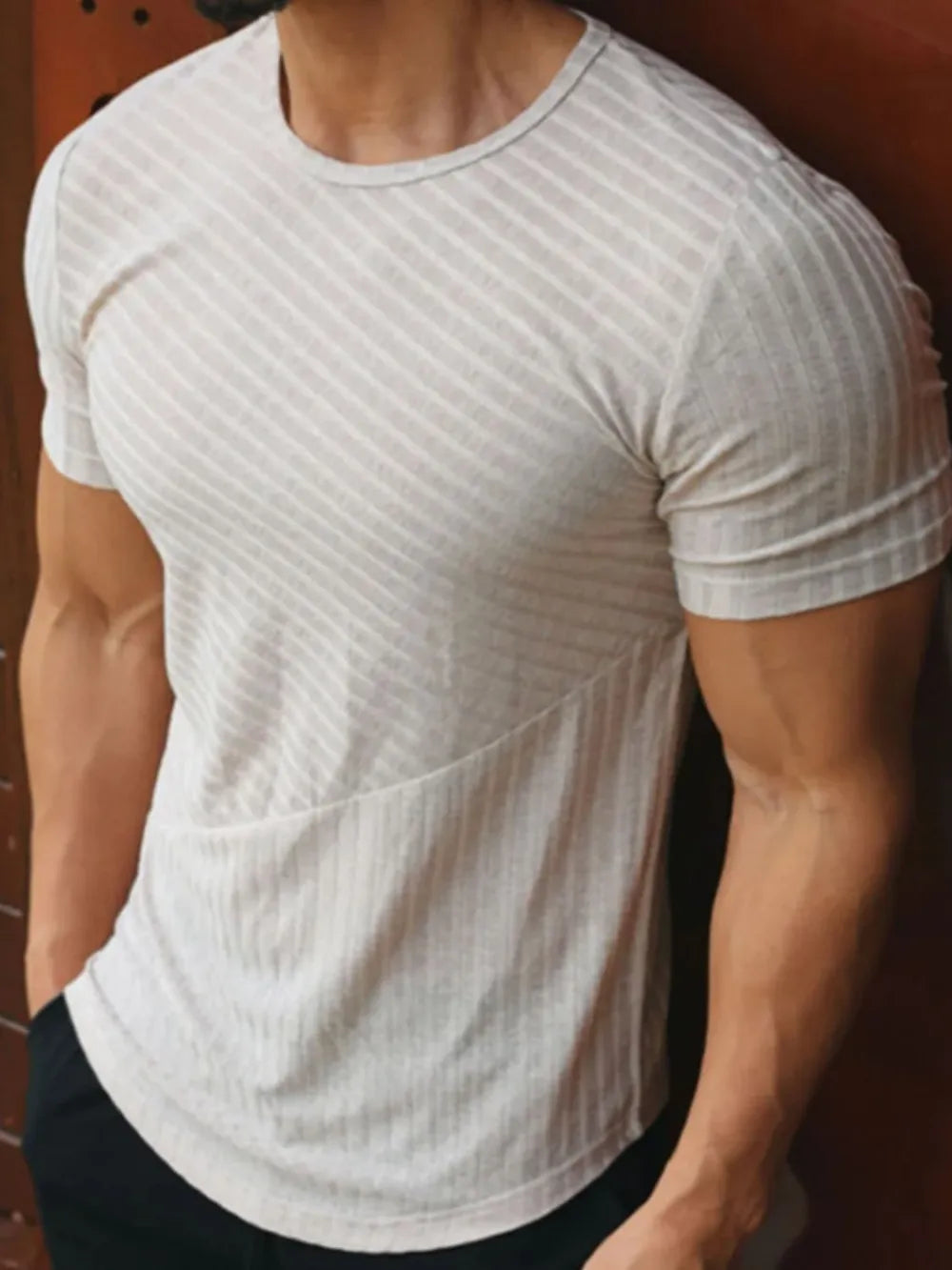 Men's striped round neck t-shirt, front view

