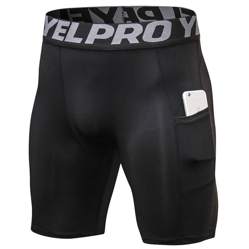 Men’s black PRO gym shorts with built-in compression tights, side pockets, and sweat-wicking fabric

