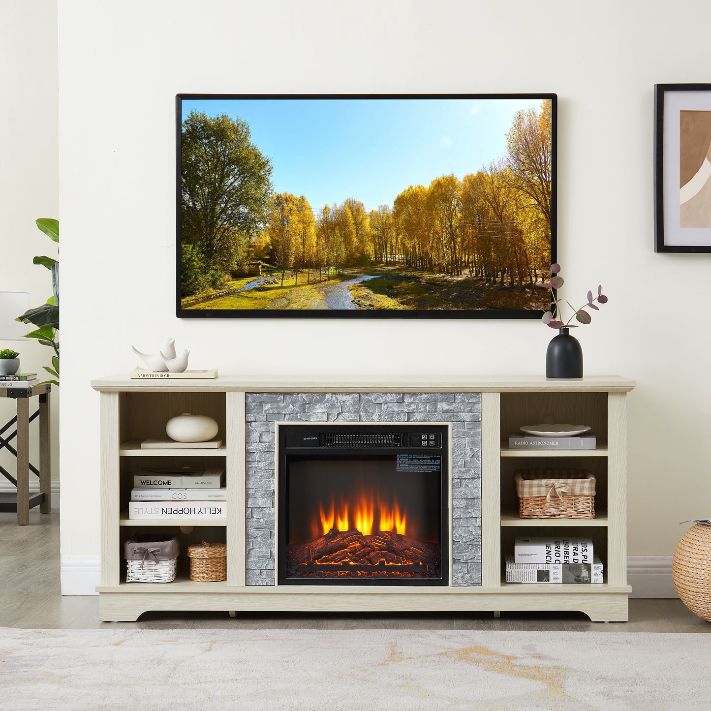 White TV stand with electric fireplace and stone-look mantel