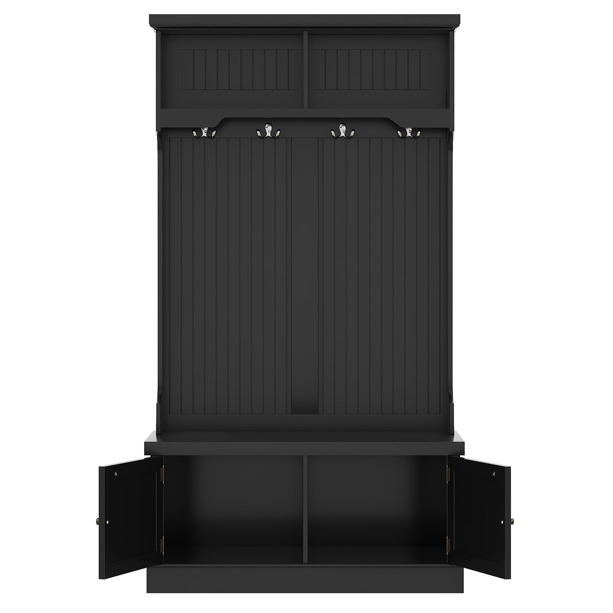 Black 4-in-1 hall tree with storage bench and coat hooks, front view

