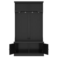 Black 4-in-1 hall tree with storage bench and coat hooks, front view

