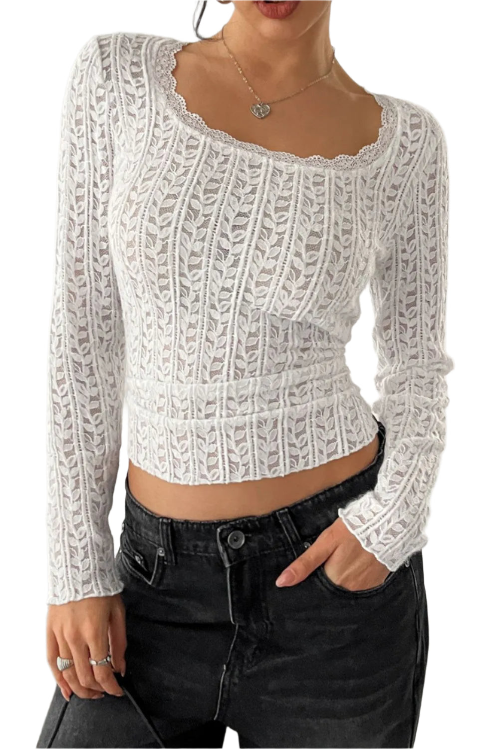 Women's lace detail long sleeve T-shirt – feminine casual top with soft fabric and elegant lace trim.








