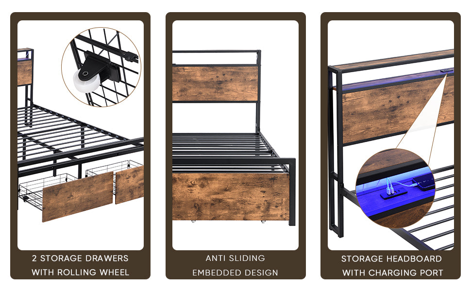 Full-size bed frame with LED headboard, drawers, and charging ports