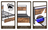 Full-size bed frame with LED headboard, drawers, and charging ports