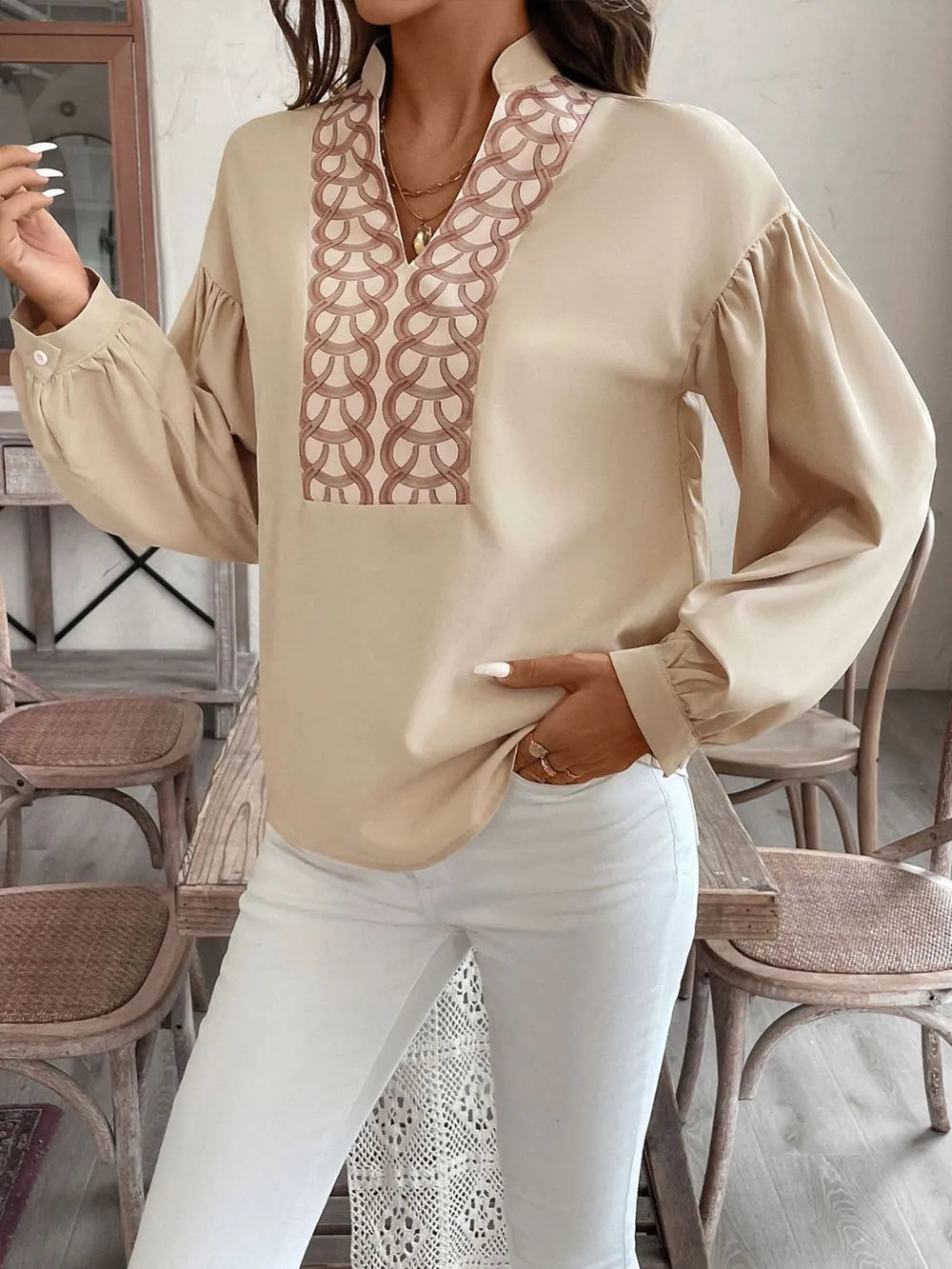 Perfee printed notched blouse with long sleeves, front view

