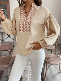 Perfee printed notched blouse with long sleeves, front view


