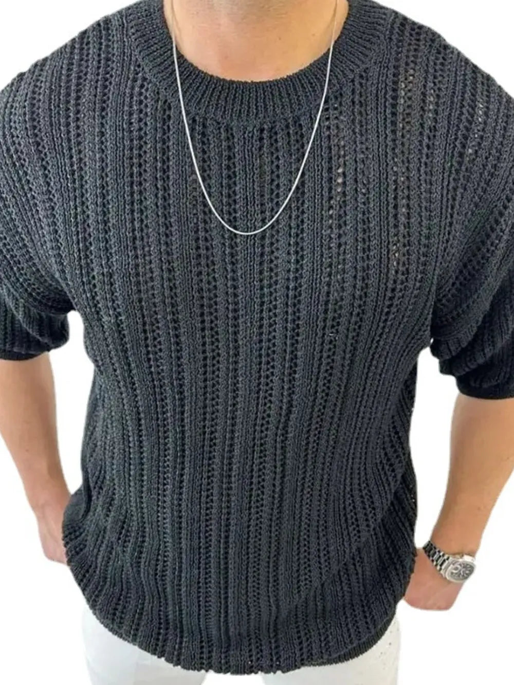 Men's openwork knit t-shirt with round neckline, front view

