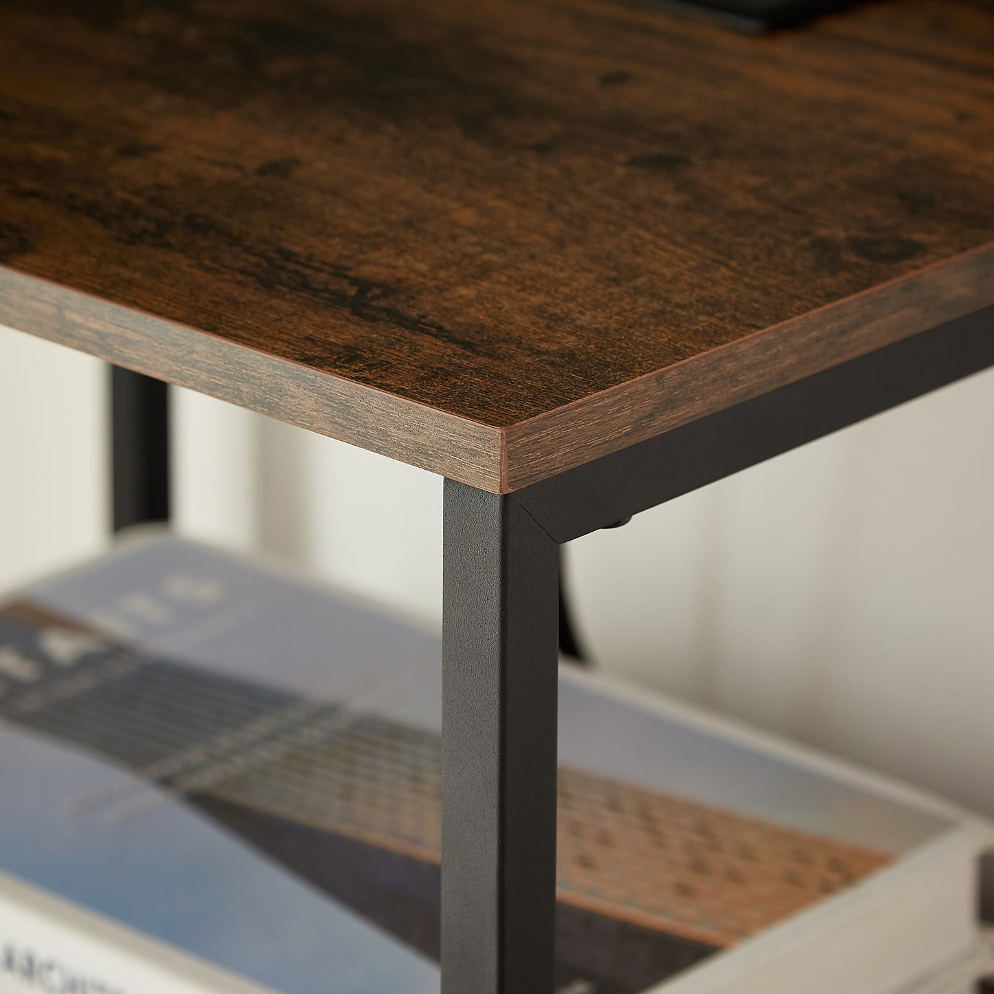 Modern tea table with USB port, outlet, and two drawers, front view

