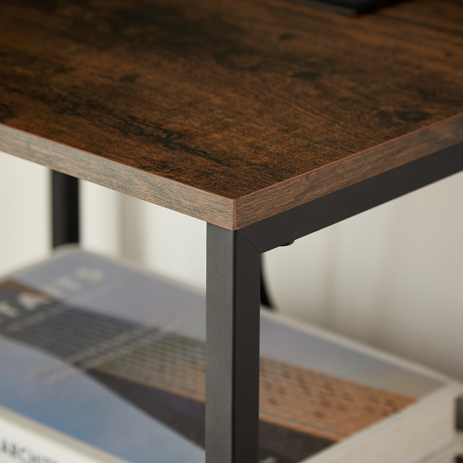 Modern tea table with USB port, outlet, and two drawers, front view

