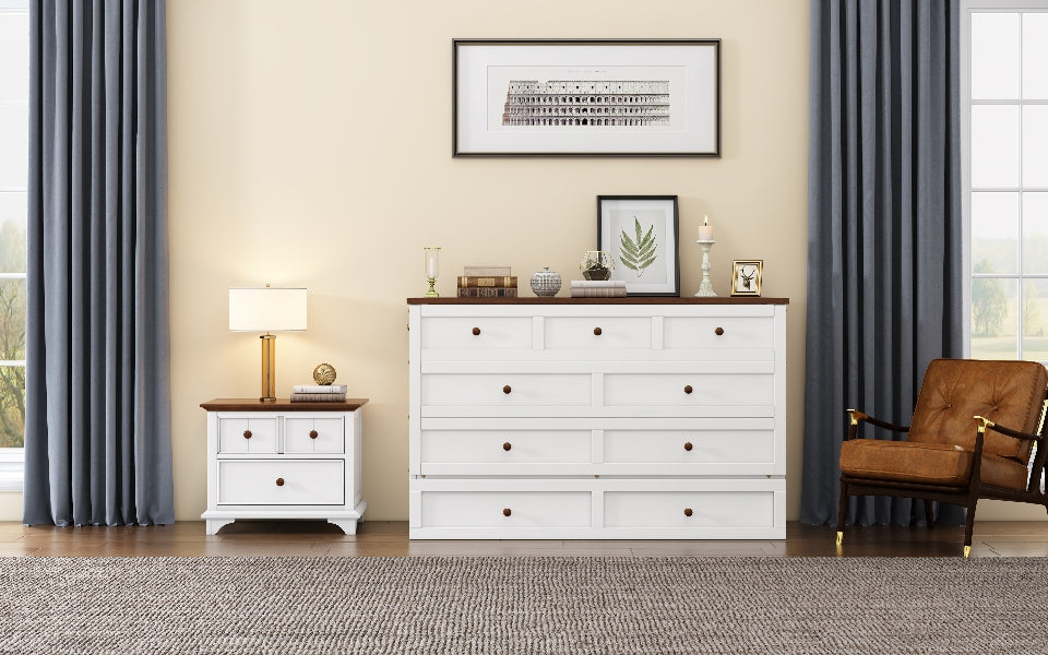 White and walnut queen Murphy bed chest in closed position