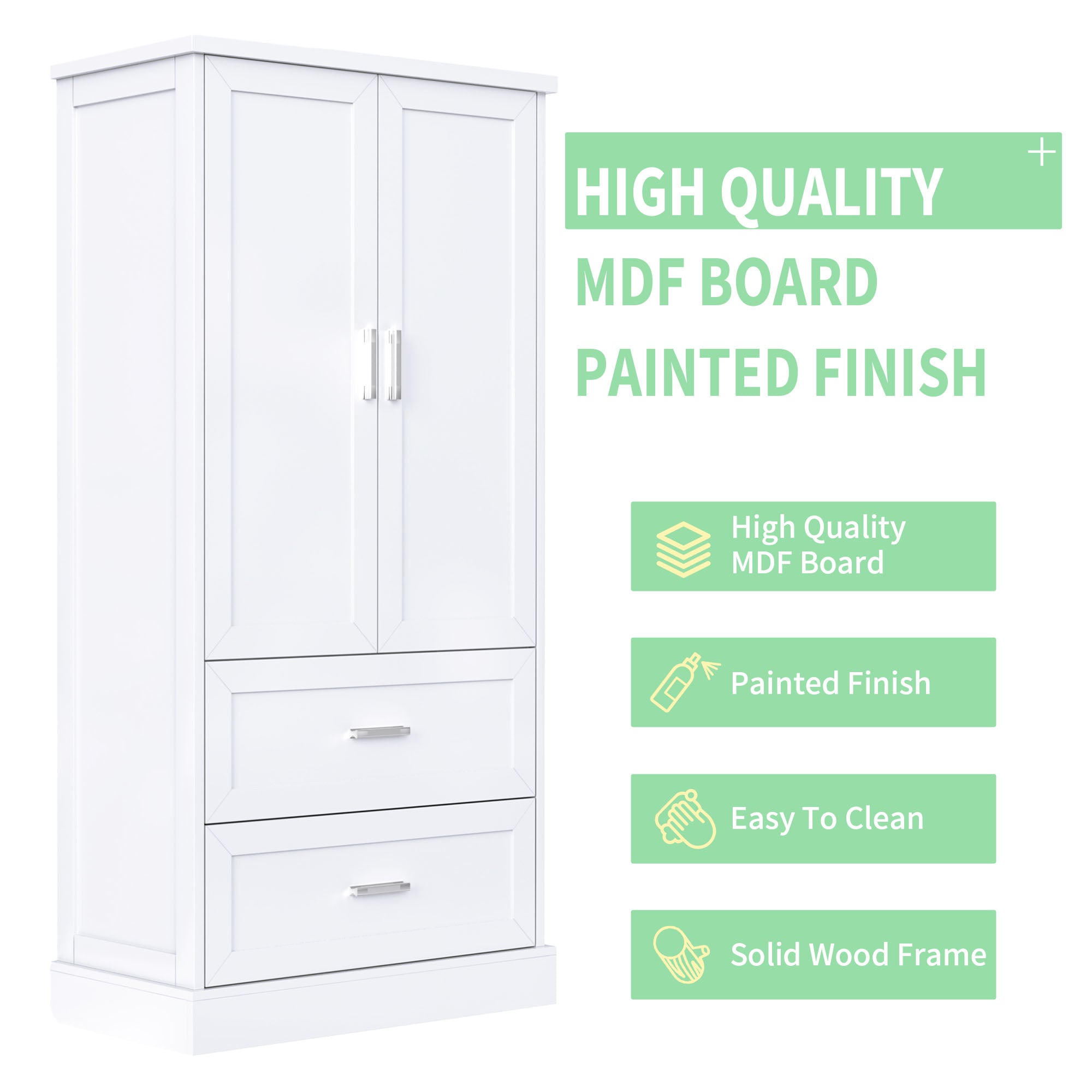Tall white bathroom cabinet with drawers and double doors