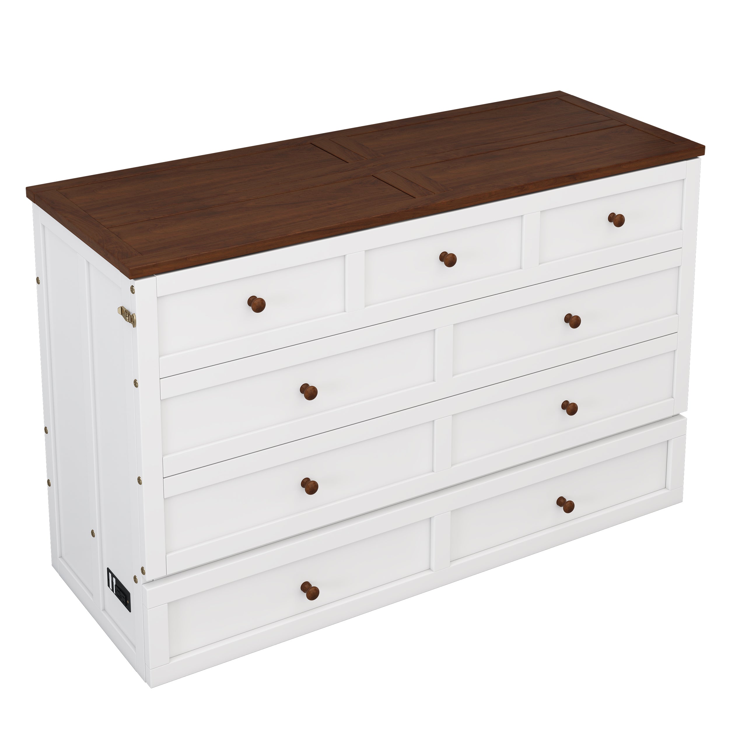 White and walnut queen Murphy bed chest in closed position