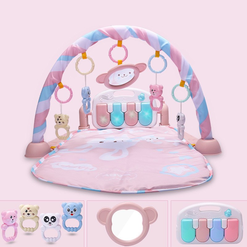 Baby playmat with keyboard, mirror, and hanging toys for newborn sensory development.

