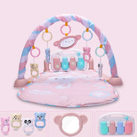 Baby playmat with keyboard, mirror, and hanging toys for newborn sensory development.

