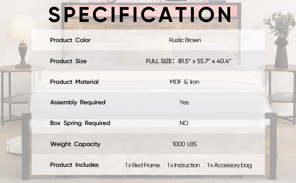 Full-size bed frame with LED headboard, drawers, and charging ports
