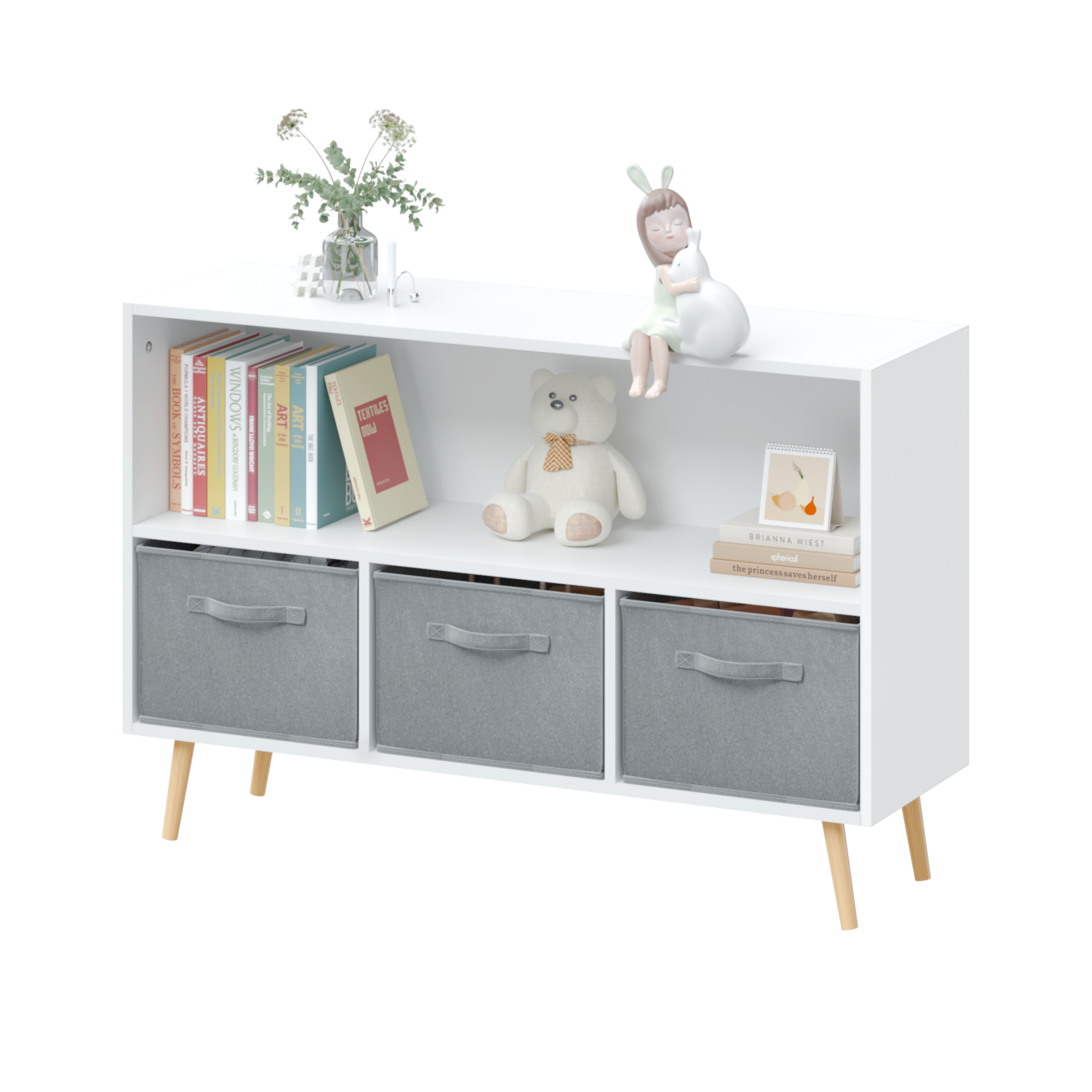 White kids bookcase with gray fabric drawers and books displayed