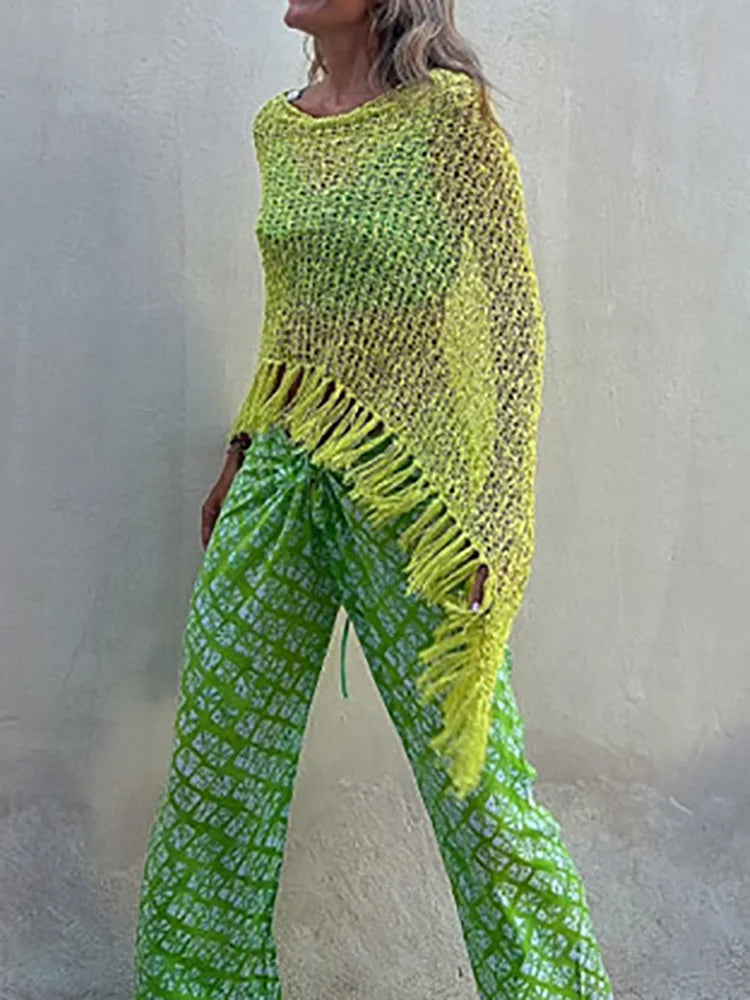 Bohemian Bat Sleeve Tassel Knit Hoodie Cape for Women – Oversized Pullover Sweater

