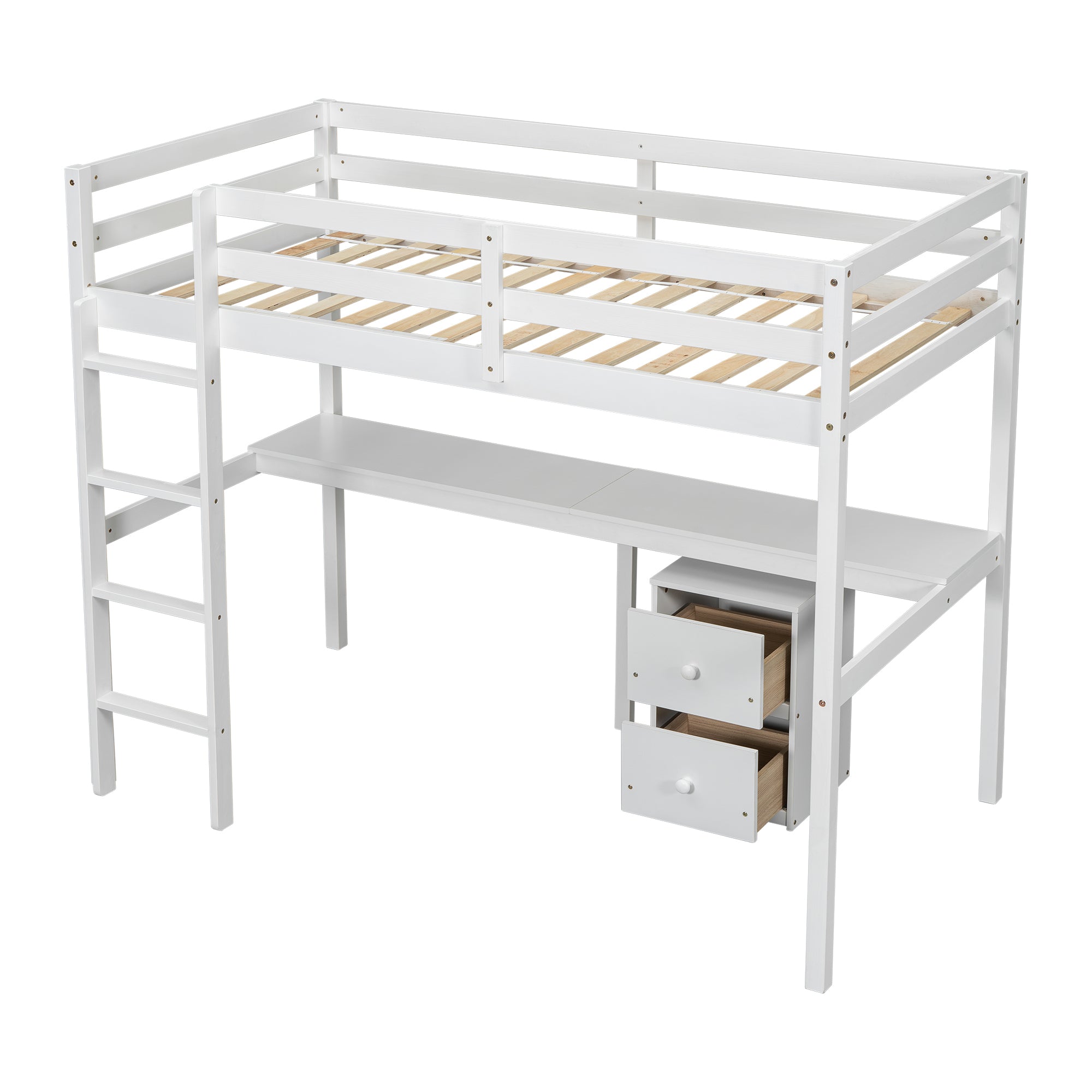 Full view of white twin loft bed with built-in desk and drawers underneath


