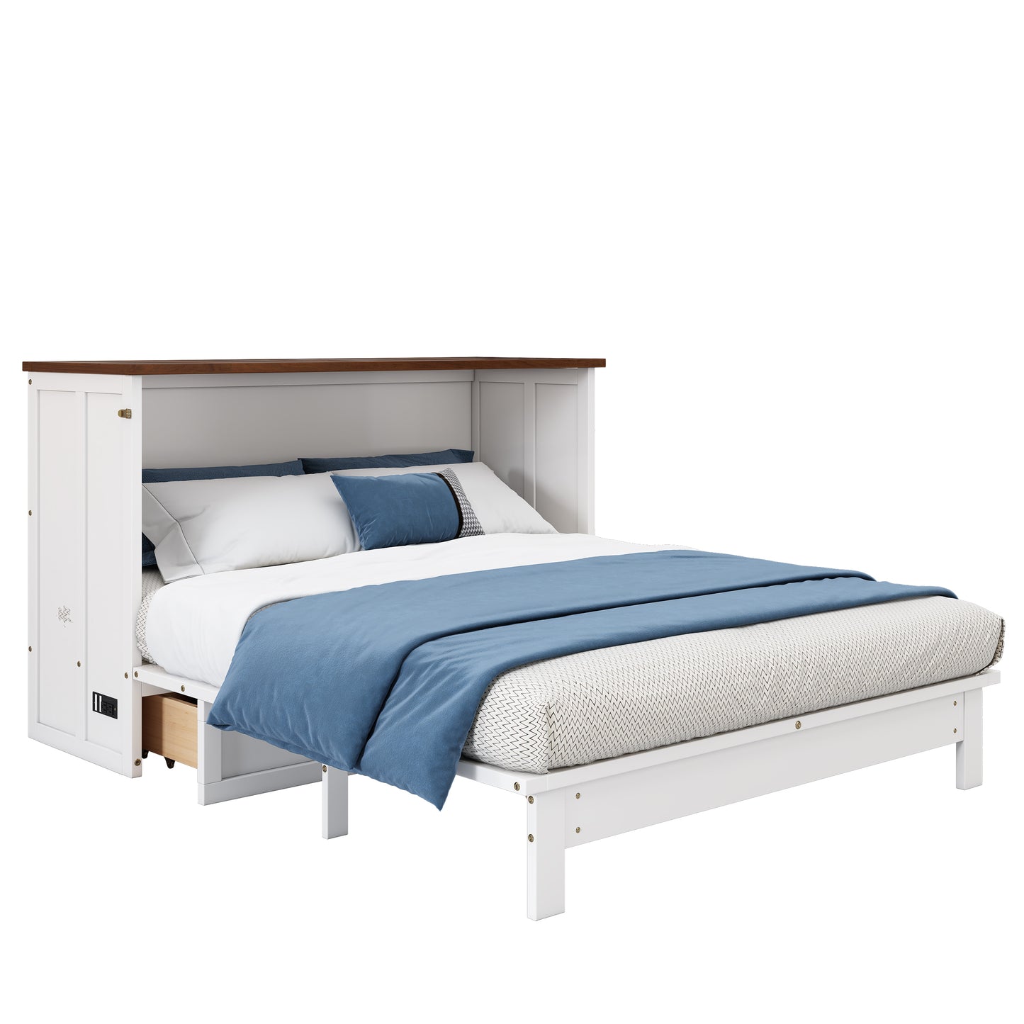 White and walnut queen Murphy bed chest in closed position