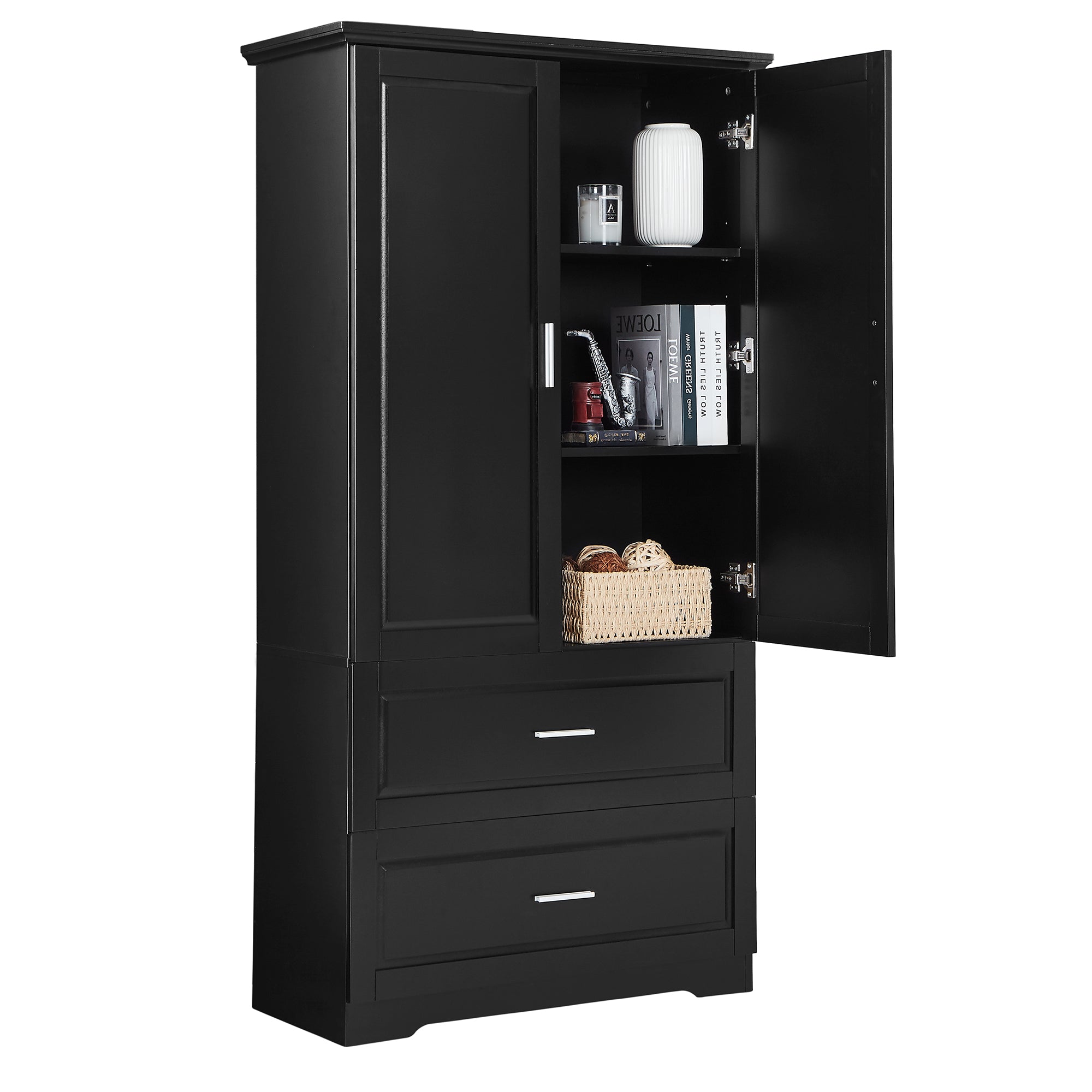 Black MDF tall bathroom storage cabinet with two doors and drawers