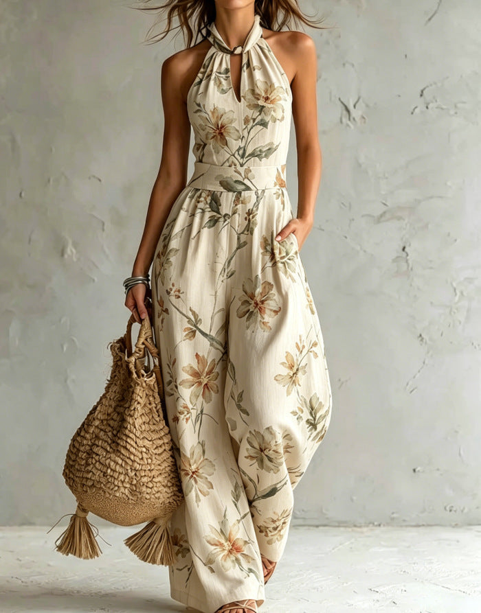 New halter backless jumpsuit, blue and white tie-dye wide-leg pants, summer beach women's wear Hot Deal Warehouse