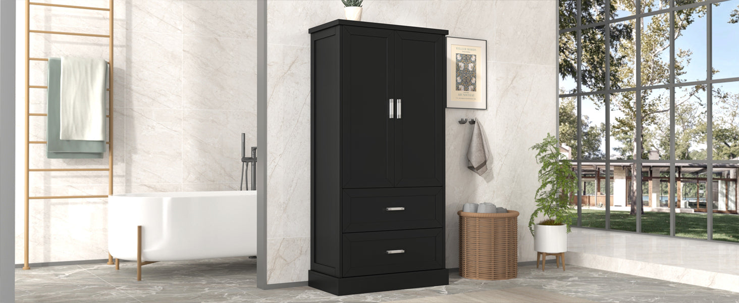 Tall black bathroom storage cabinet with doors and drawers