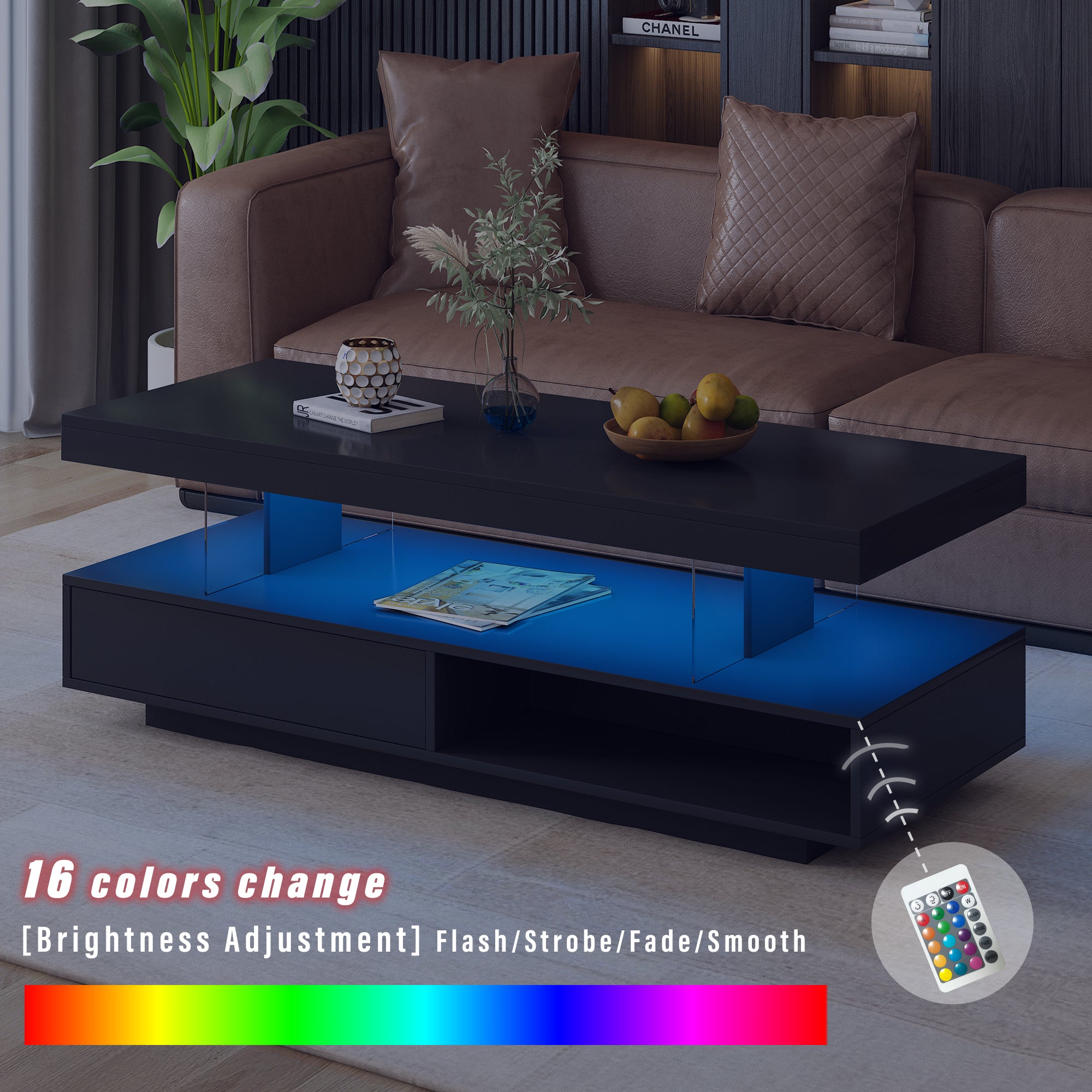 U-Can black LED coffee table with drawers and display shelf